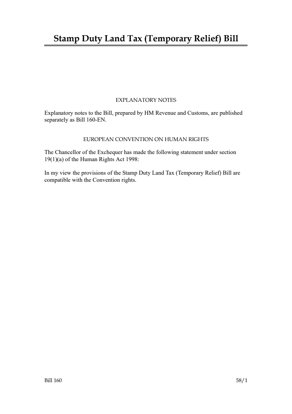 Stamp Duty Land Tax (Temporary Relief) Bill