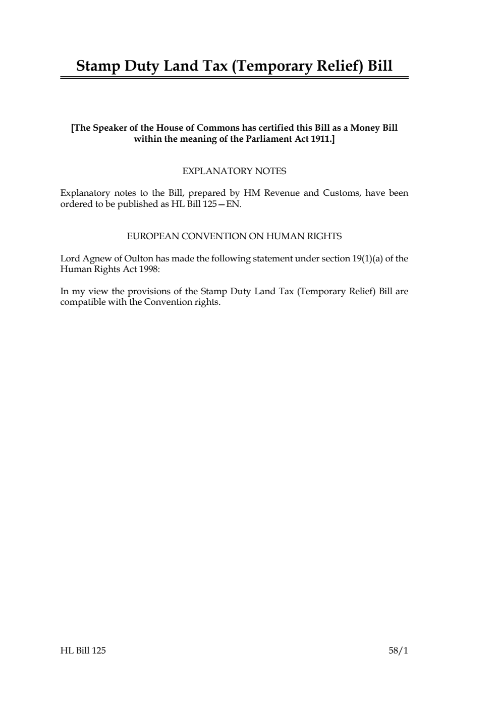 Stamp Duty Land Tax (Temporary Relief) Bill