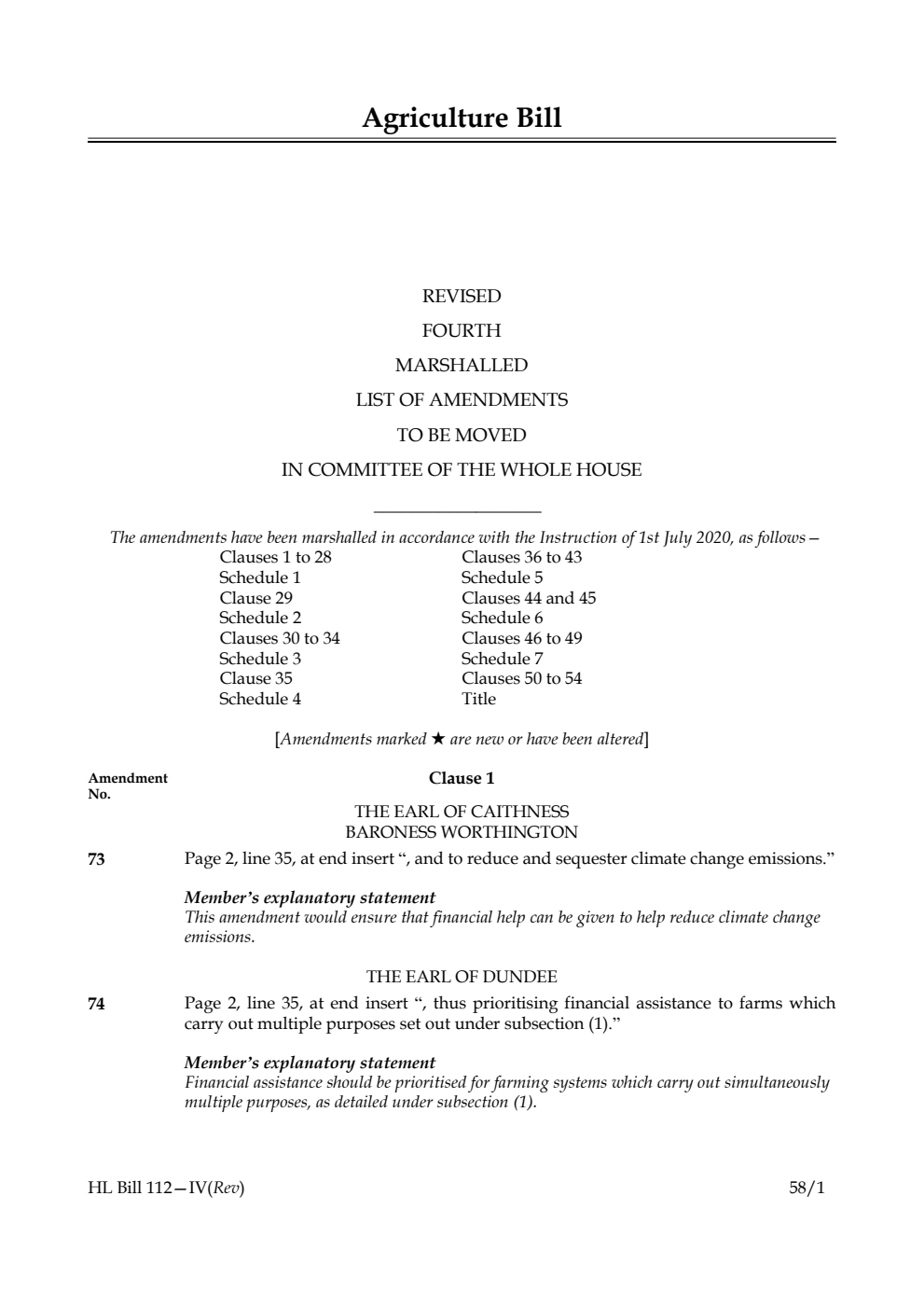 Agriculture Bill Revised Fourth Marshalled List of Amendments to be moved in Committee of the Whole House