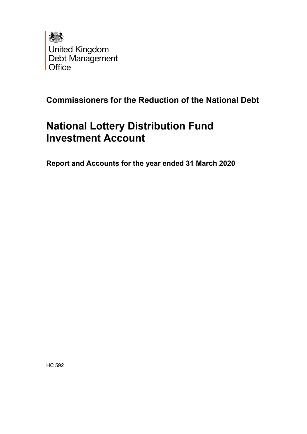 Commissioners for the Reduction of the National Debt National Lottery Distribution Fund Investment Account Report and Accounts for the year ended 31 March 2020