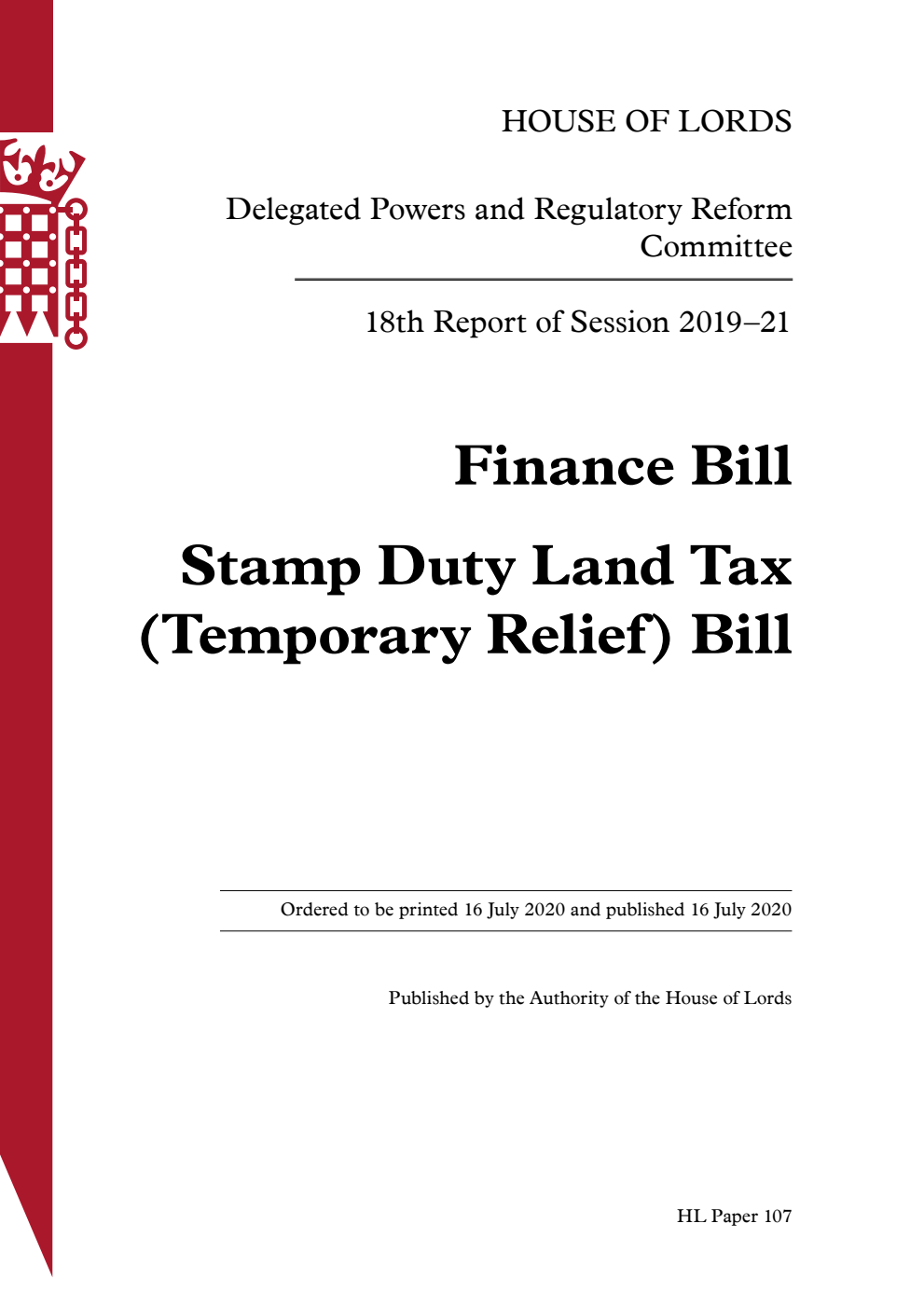 Delegated Powers and Regulatory Reform Committee 18th Report. Finance Bill. Stamp Duty Land Tax (Temporary Relief) Bill