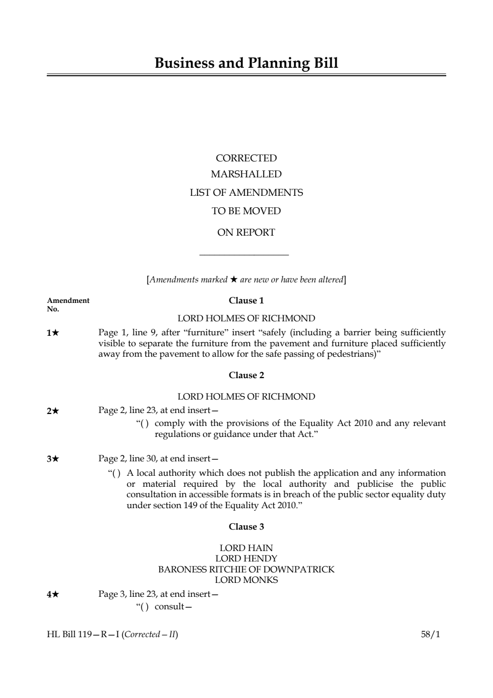 Business and Planning Bill Corrected Marshalled List of amendments to be moved on report