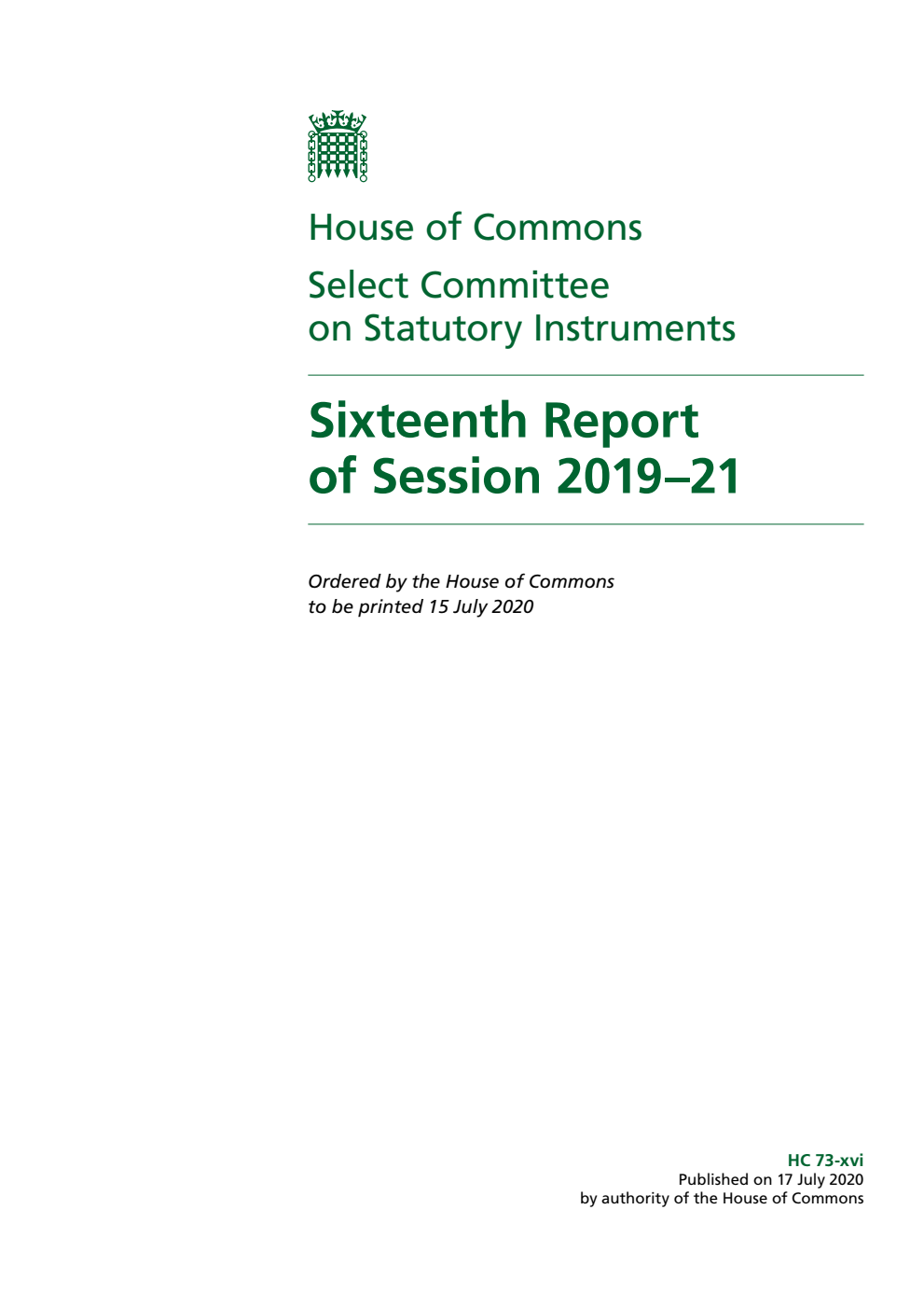 Statutory Instruments Committee 16th Report of Session 2019–21