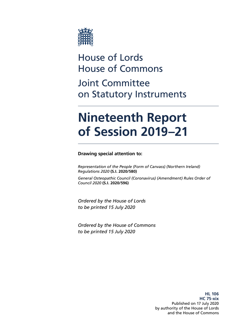 Joint Committee on Statutory Instruments 19th Report of Session 2019-21
