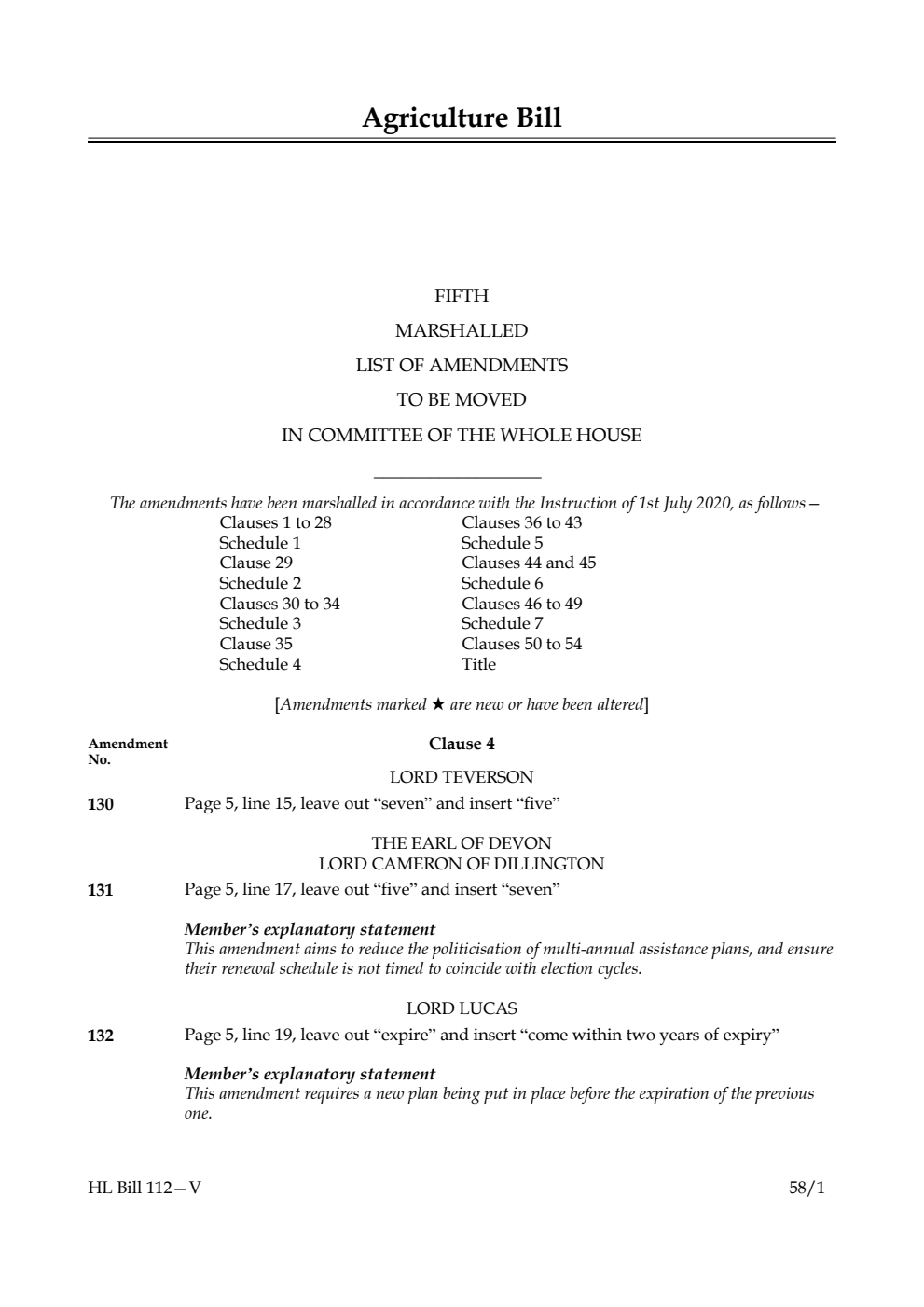 Agriculture Bill Fifth Marshalled List of Amendments to be moved in Committee of the Whole House