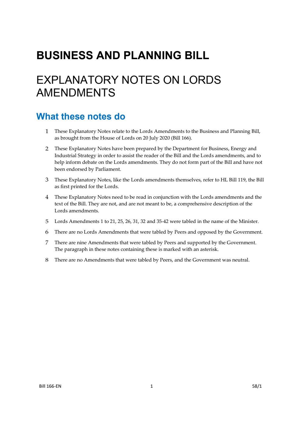 Business and Planning Bill Explanatory Notes on Lords Amendments