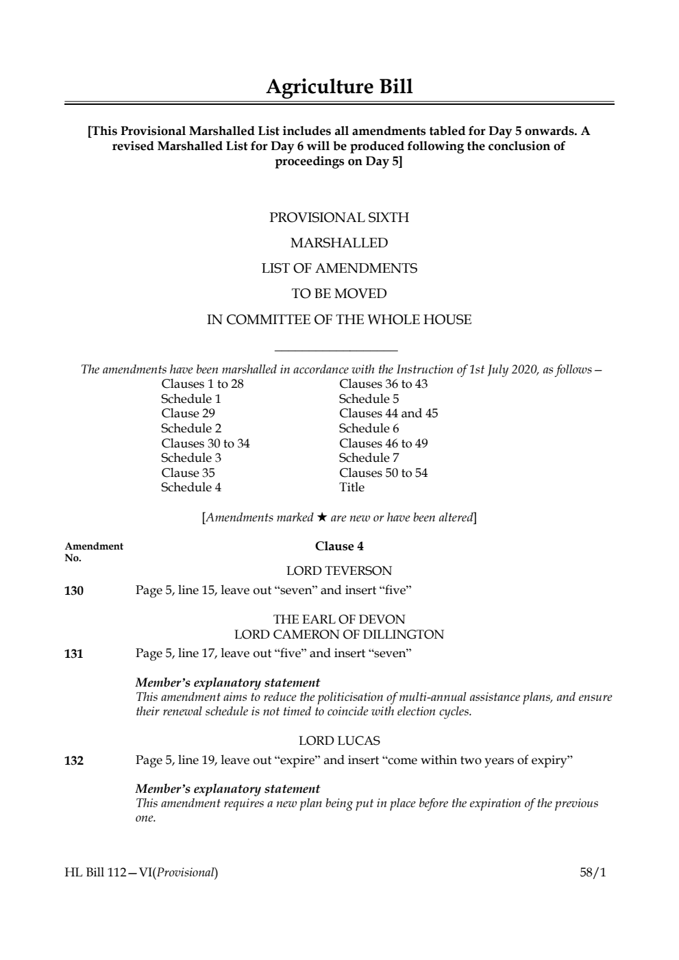 Agriculture Bill Provisional Sixth Marshalled List of Amendments to be moved in Committee of the Whole House