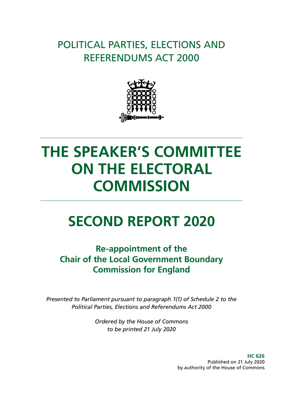 The Speaker’s Committee on The Electoral Commission 2nd Report. Re-appointment of the Chair of the Local Government Boundary Commission for England