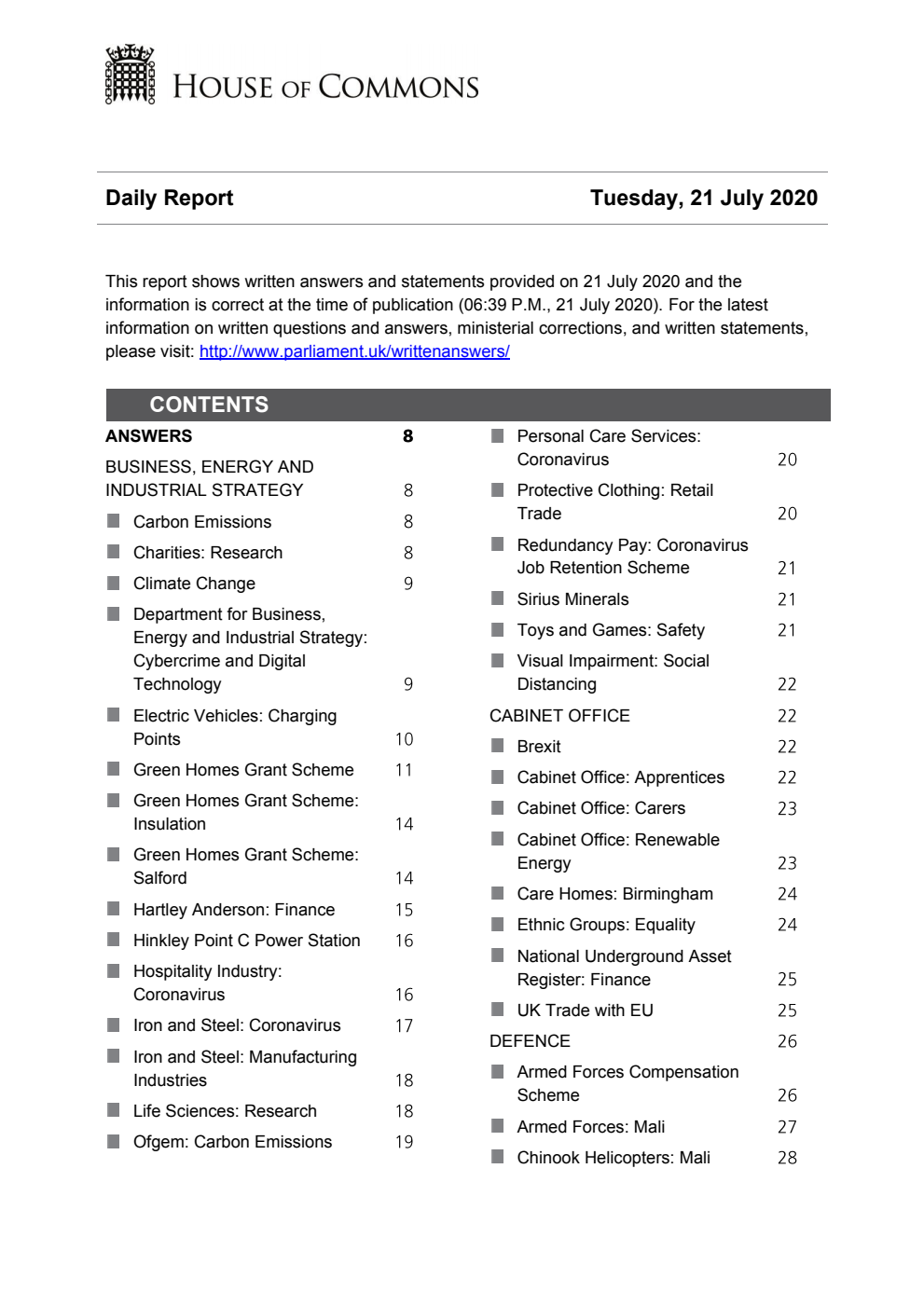 HOC Daily Report Written Answers 21.07.20