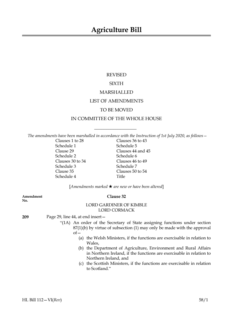 Agriculture Bill Revised Sixth Marshalled List of Amendments to be moved in Committee of the Whole House