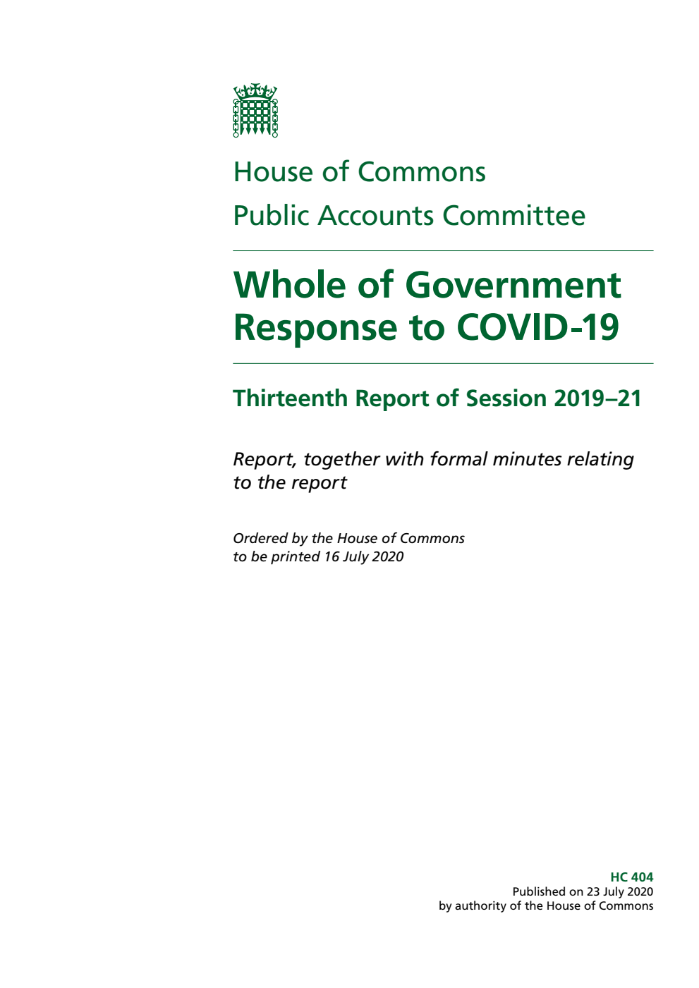Public Accounts Committee 13th Report. Whole of Government Response to COVID-19 Volume 1. Report