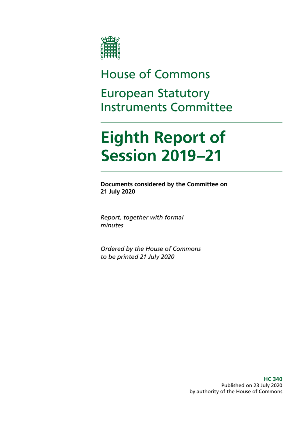 European Statutory Instruments Committee 8th Report of Session 2019-2021