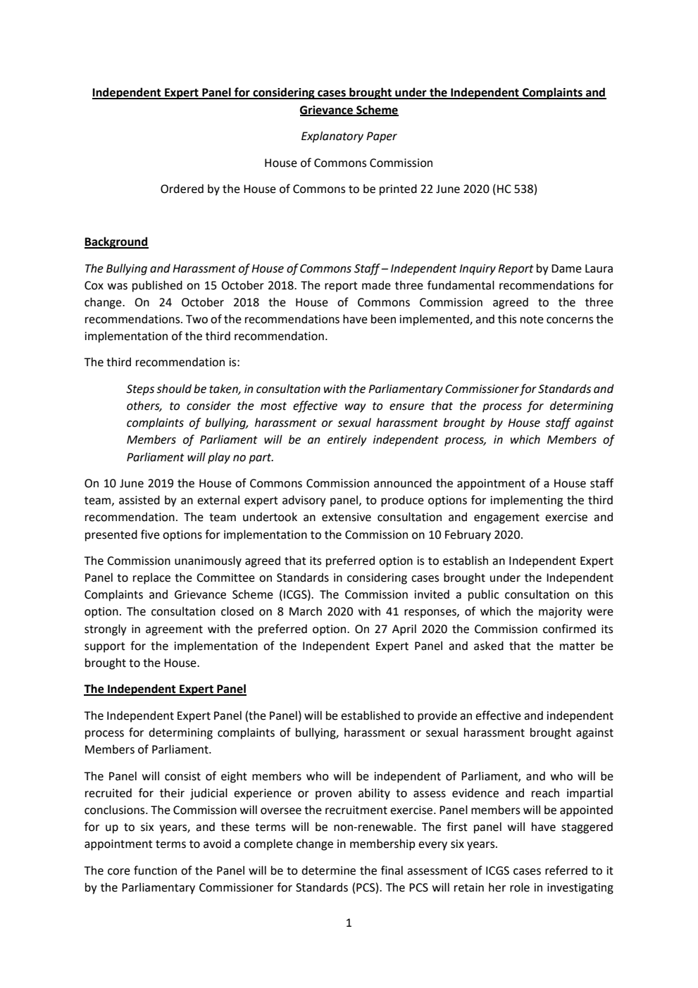 Independent Expert Panel for considering cases brought under the Independent Complaints and  Grievance Scheme. Explanatory Paper