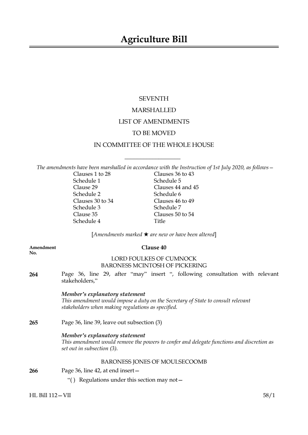 Agriculture Bill Seventh Marshalled List of Amendments to be moved in Committee of the Whole House