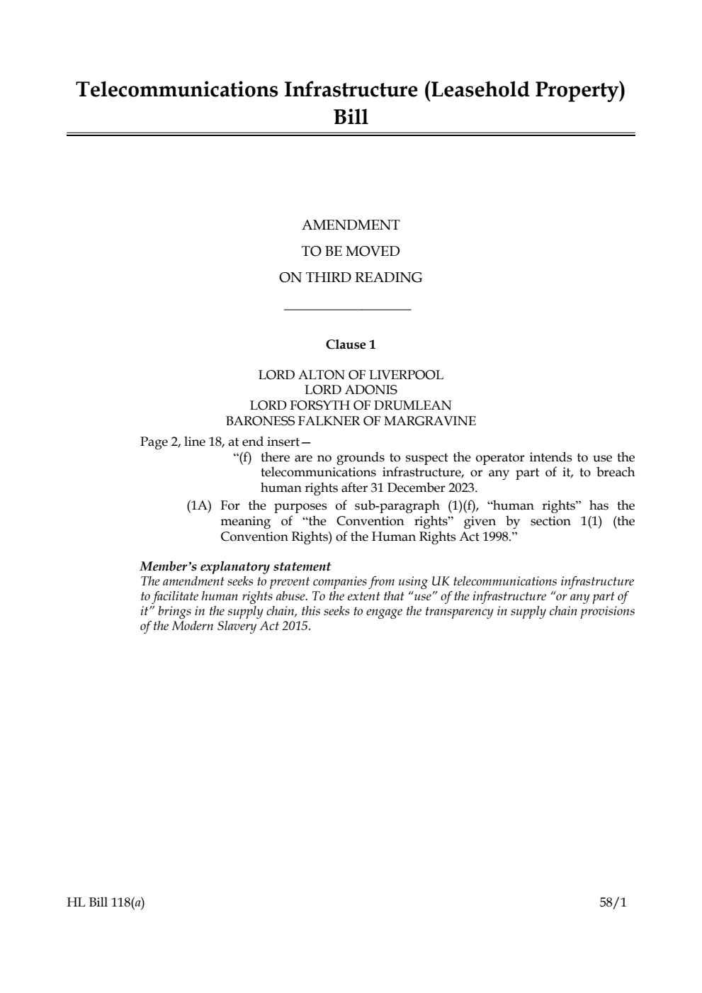 Telecommunications Infrastructure (Leasehold Property) Bill Amendment to be moved on third reading