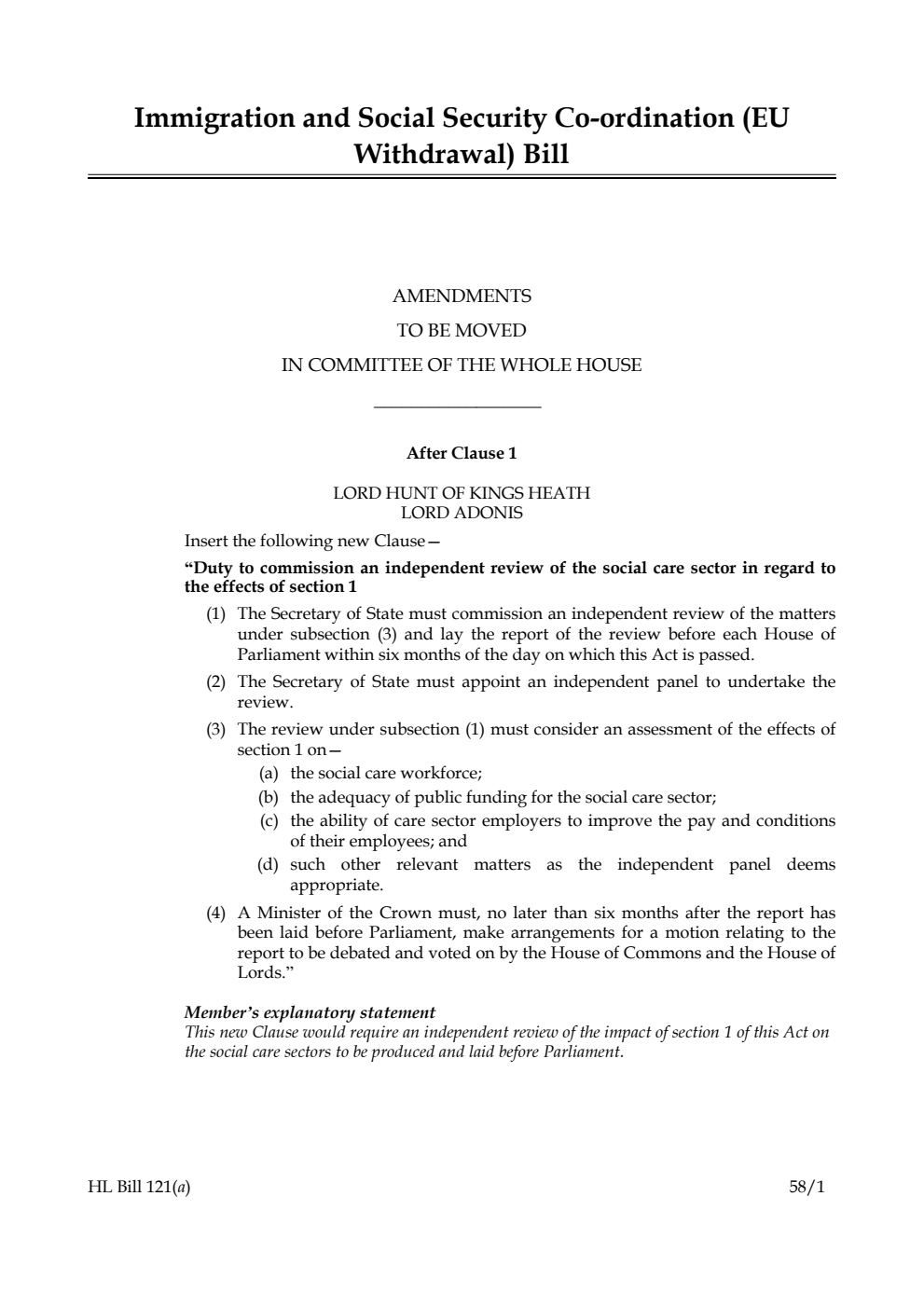 Immigration and Social Security Co-ordination (EU Withdrawal) Bill Amendments to be moved in Committee of the Whole House