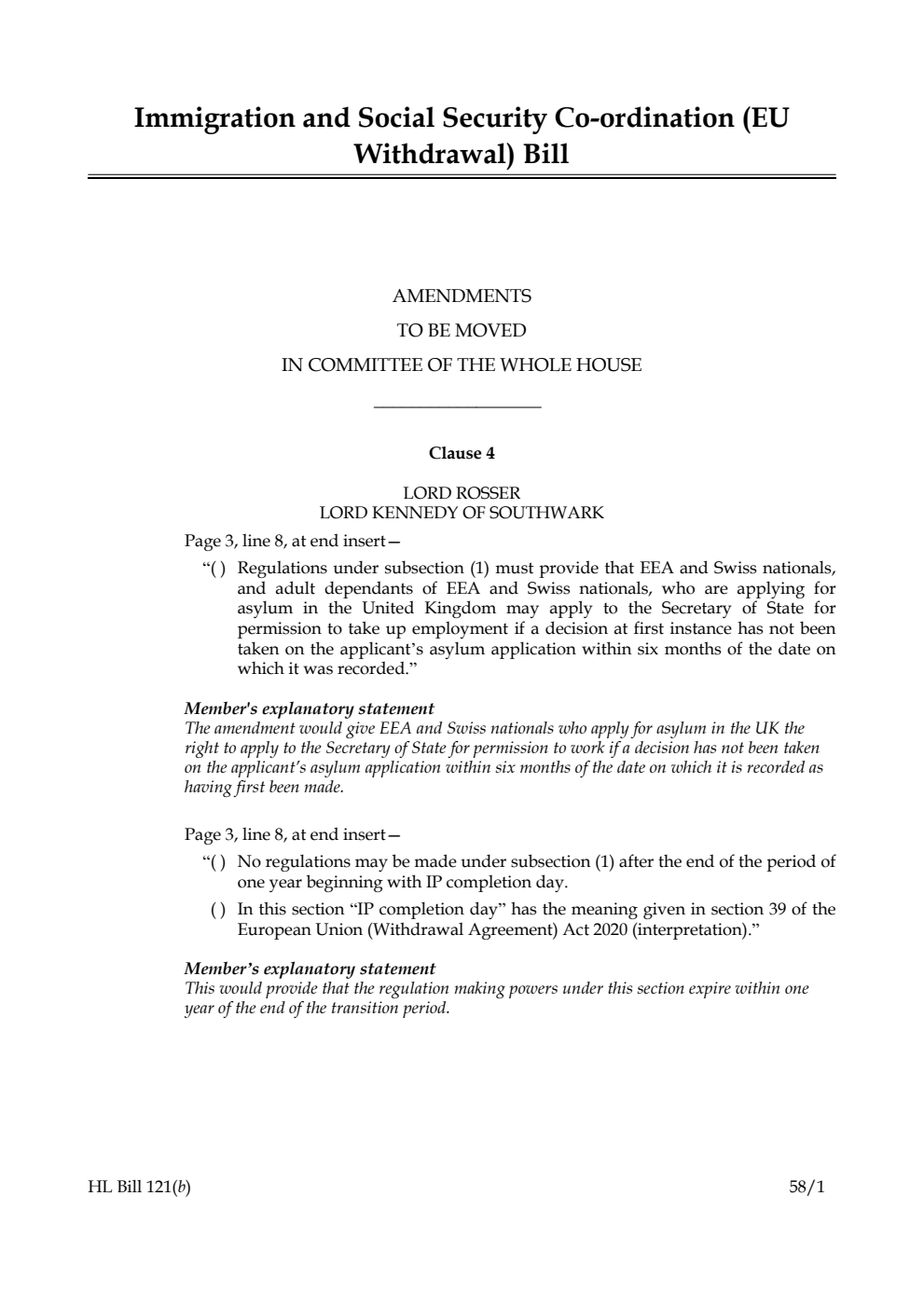 Immigration and Social Security Co-ordination (EU Withdrawal) Bill Amendments to be moved in Committee of the Whole House