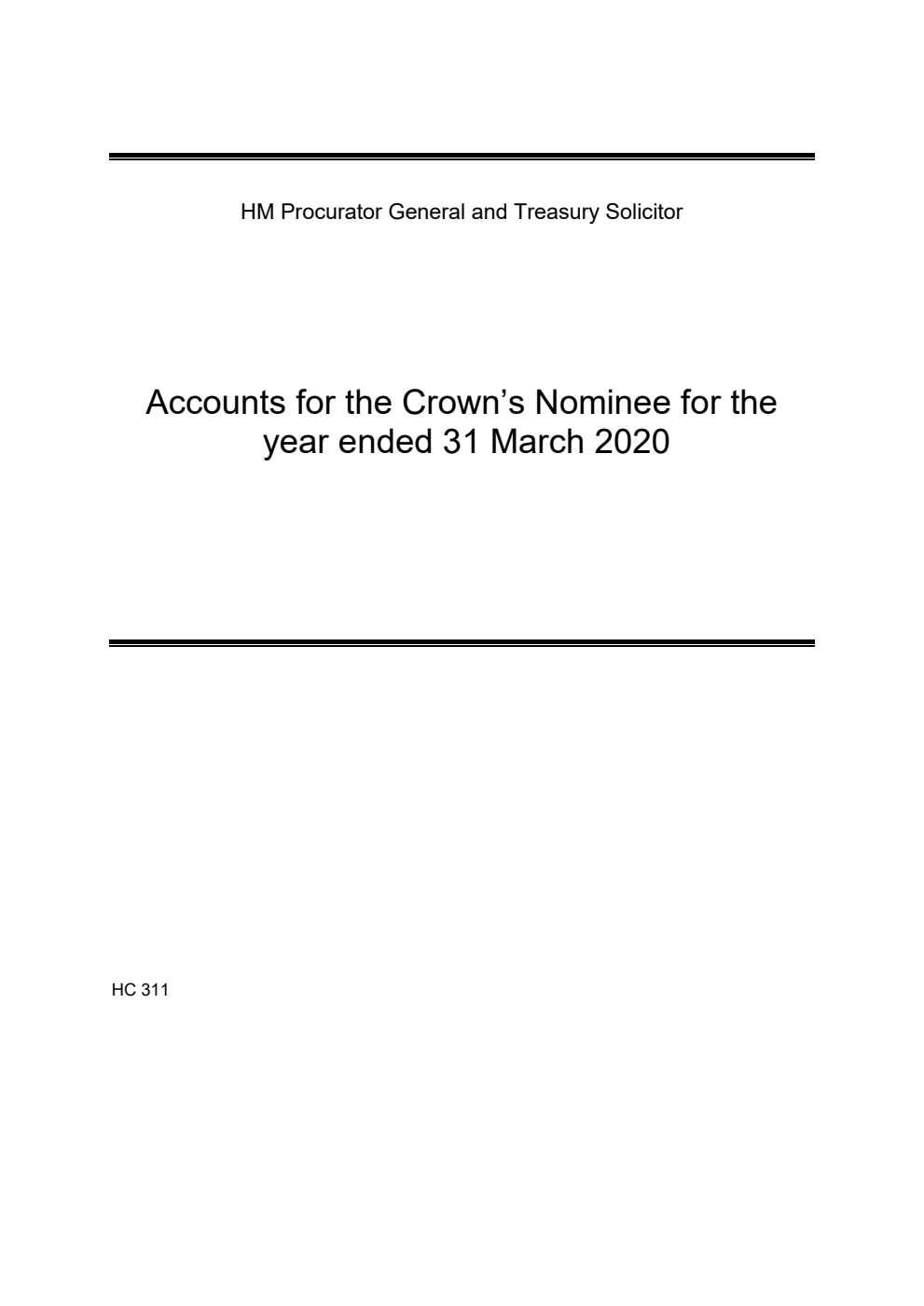 HM Procurator General and Treasury Solicitor Accounts for the Crown's Nominee for the year ended 31 March 2020