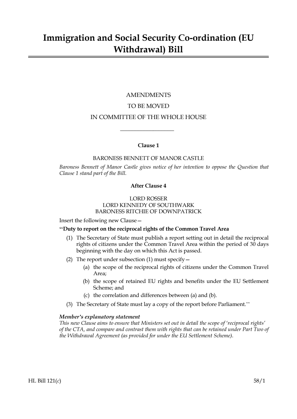Immigration and Social Security Co-ordination (EU Withdrawal) Bill Amendments to be moved in Committee of the Whole House