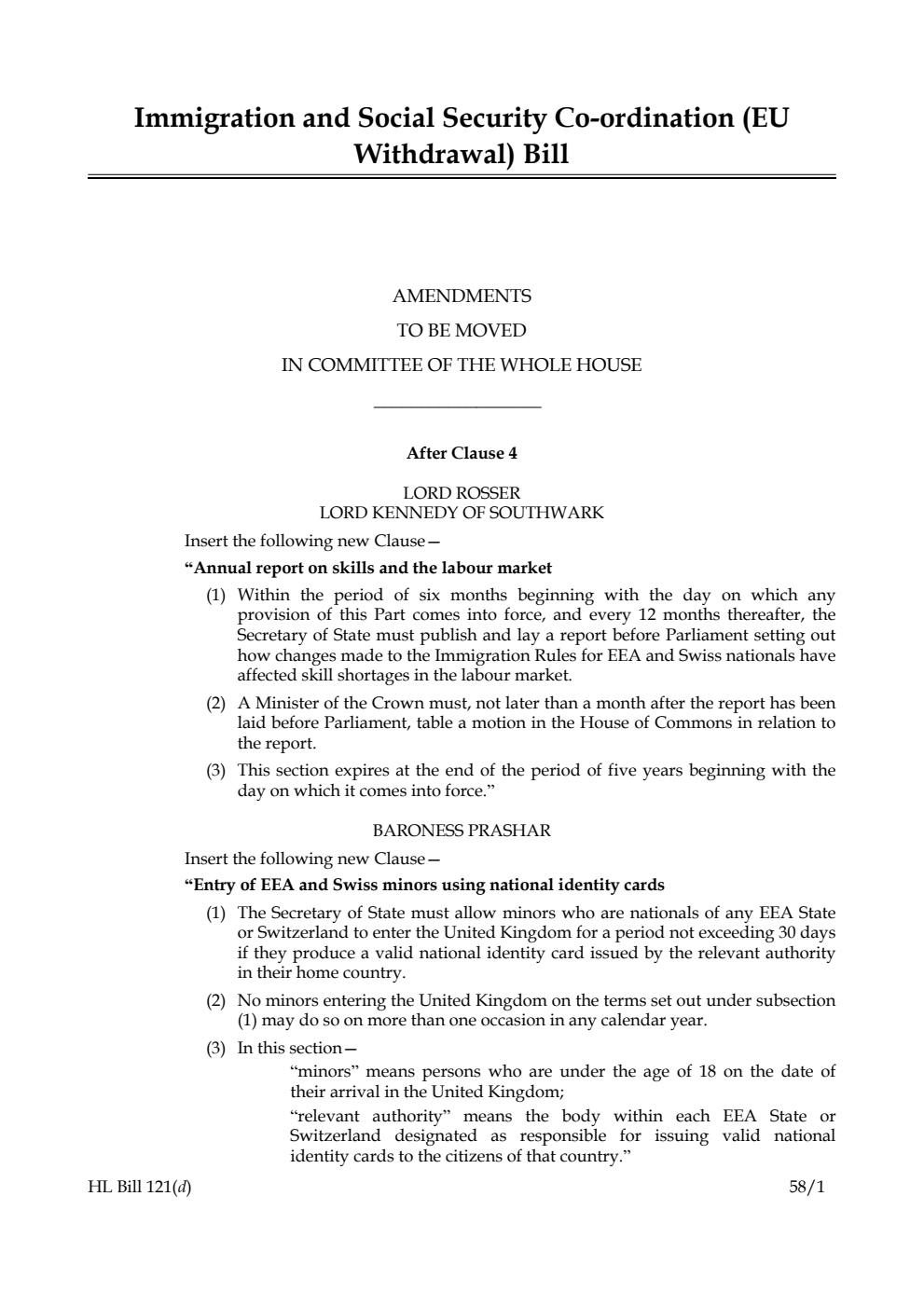 Immigration and Social Security Co-ordination (EU Withdrawal) Bill Amendments to be moved in Committee of the Whole House