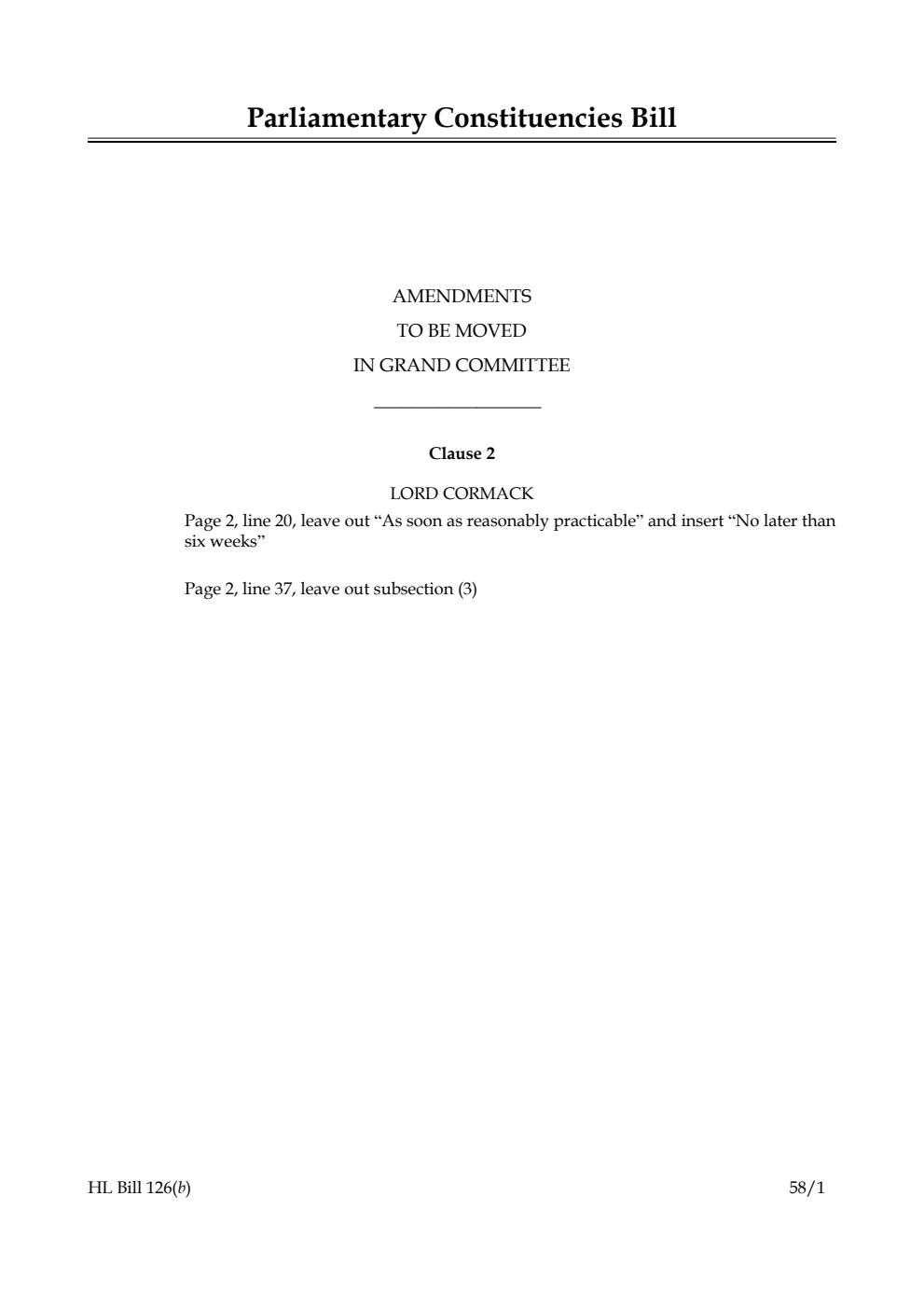 Parliamentary Constituencies Bill Amendments to be moved in Grand Committee