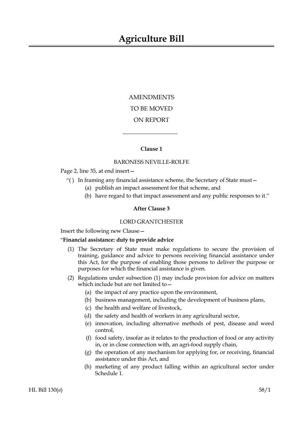 Agriculture Bill Amendments to be moved on Report