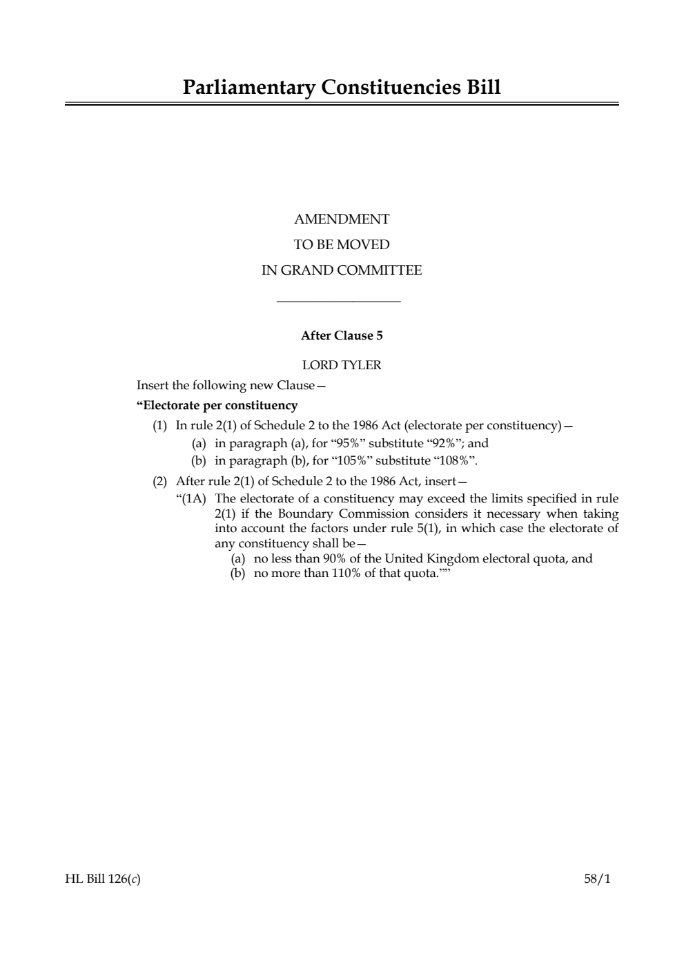 Parliamentary Constituencies Bill Amendment to be moved in Grand Committee