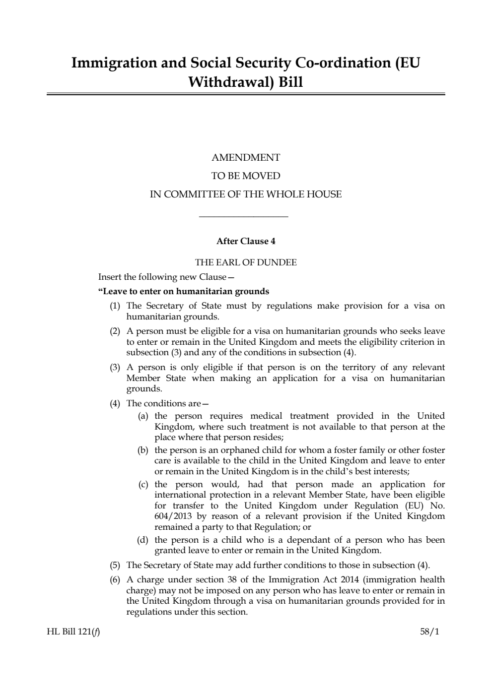 Immigration and Social Security Co-ordination (EU Withdrawal) Bill Amendment to be moved in Committee of the Whole House
