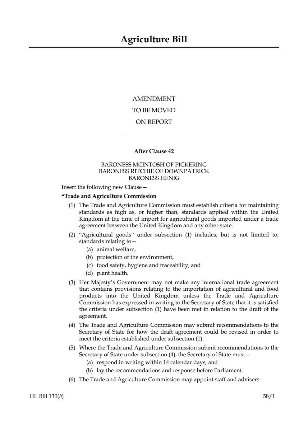 Agriculture Bill Amendment to be moved on Report