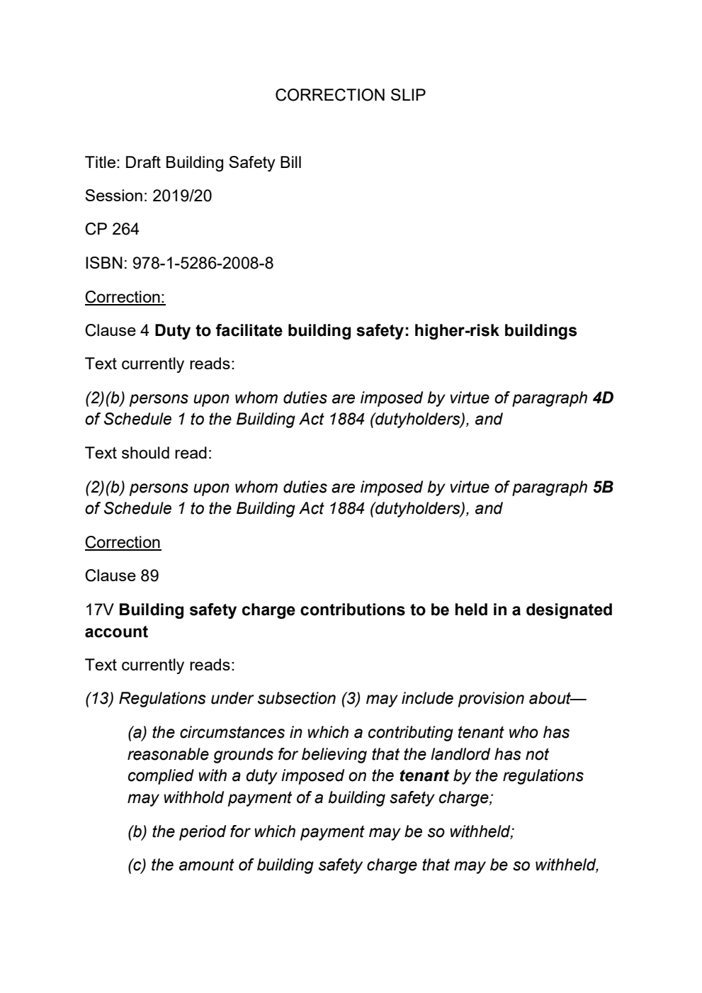 Draft Building Safety Bill. Correction Slip, July 2020