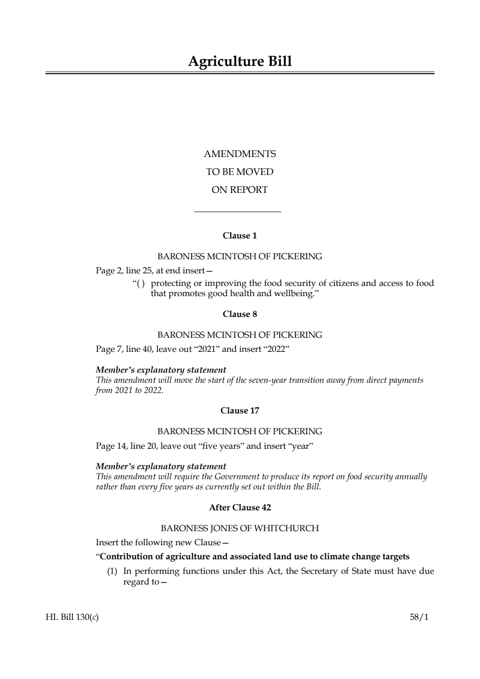 Agriculture Bill Amendments to be moved on Report