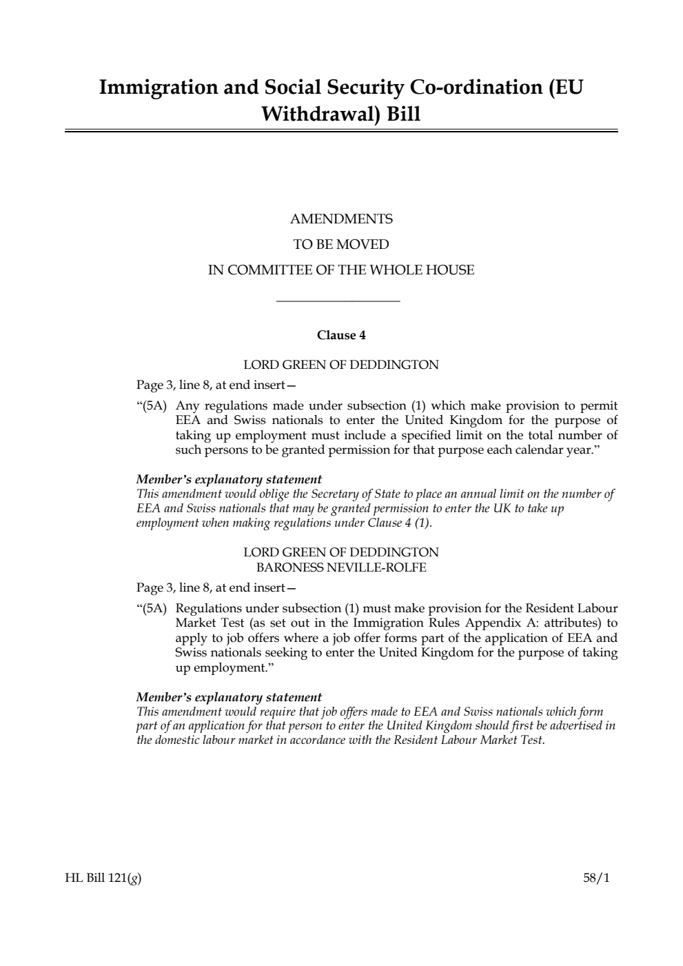 Immigration and Social Security Co-ordination (EU Withdrawal) Bill Amendments to be moved in Committee of the Whole House