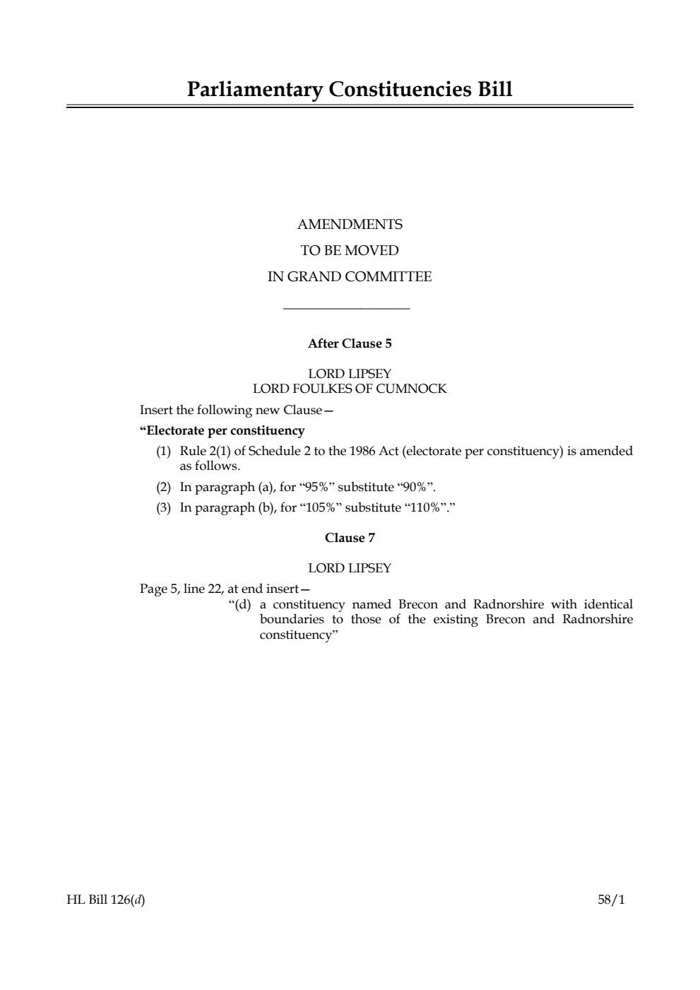 Parliamentary Constituencies Bill Amendments to be moved in Grand Committee