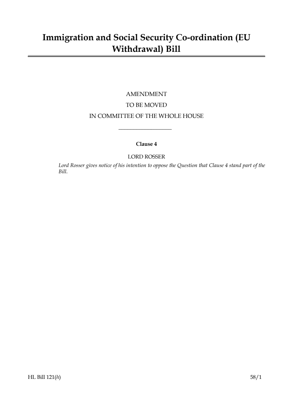 Immigration and Social Security Co-ordination (EU Withdrawal) Bill Amendment to be moved in Committee of the Whole House