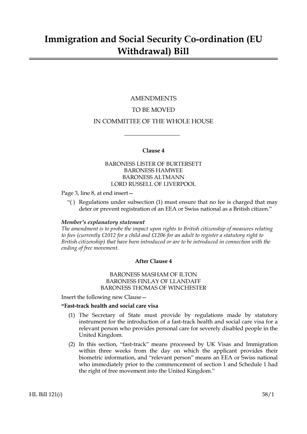 Immigration and Social Security Co-ordination (EU Withdrawal) Bill Amendments to be moved in Committee of the Whole House