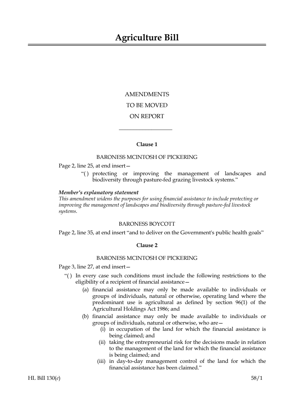 Agriculture Bill Amendments to be moved on Report