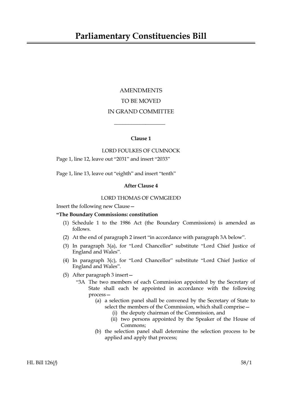 Parliamentary Constituencies Bill Amendments to be moved in Grand Committee