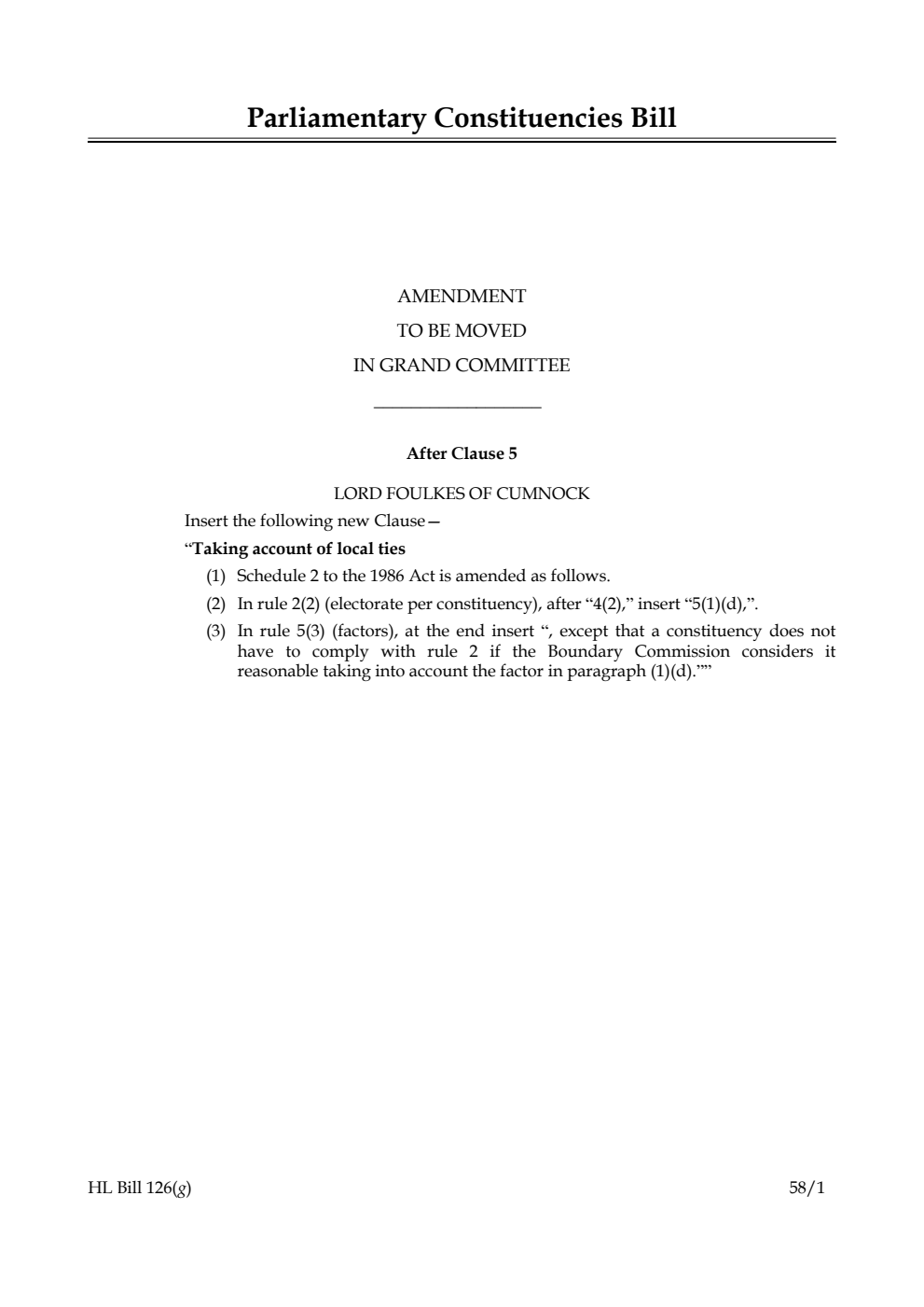 Parliamentary Constituencies Bill Amendment to be moved in Grand Committee