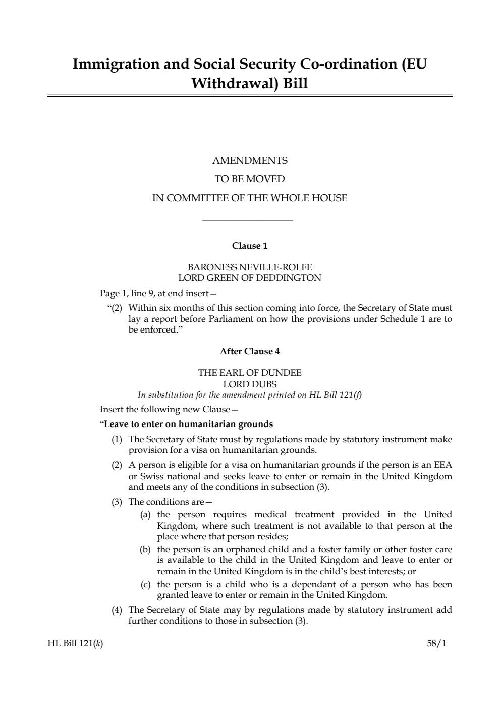Immigration and Social Security Co-ordination (EU Withdrawal) Bill Amendments to be moved in Committee of the Whole House
