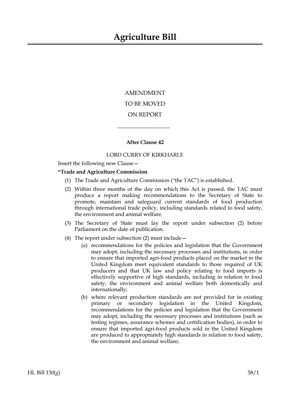 Agriculture Bill Amendment to be moved on Report