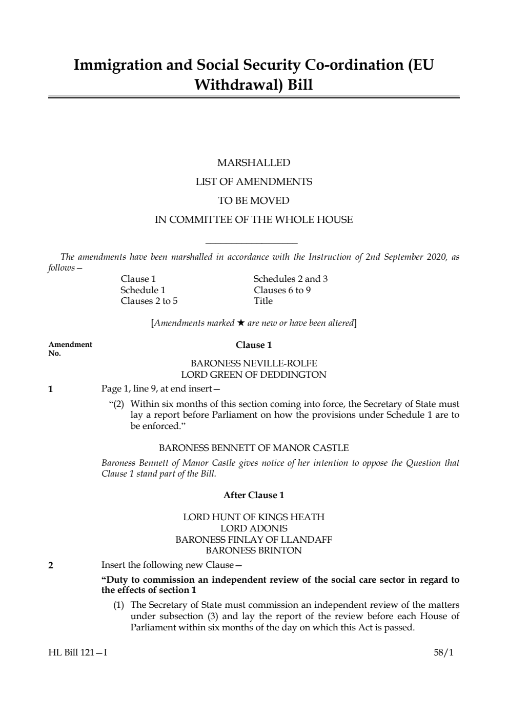 Immigration and Social Security Co-ordination (EU Withdrawal) Bill Marshalled List of Amendments to be moved in Committee of the Whole House