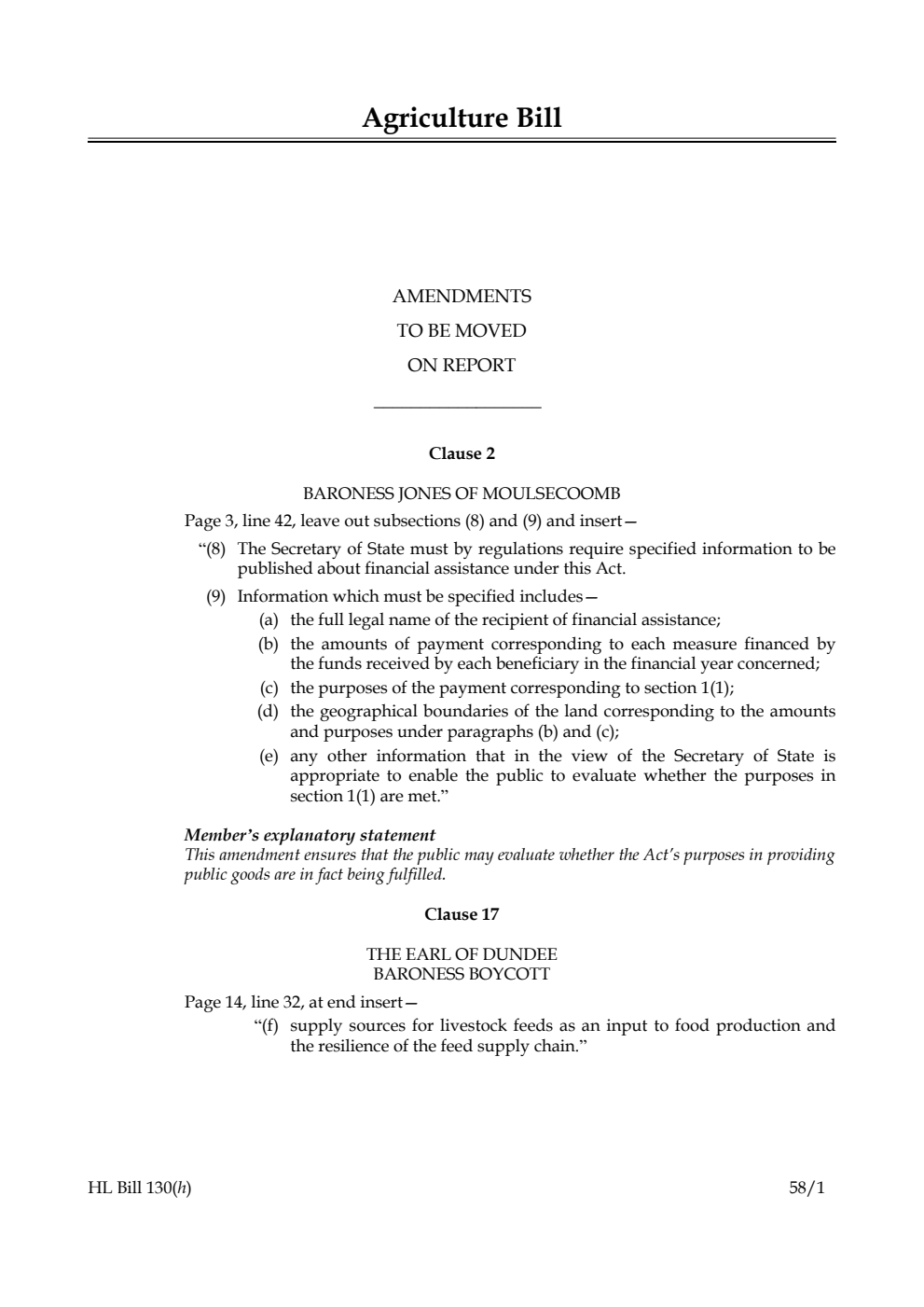 Agriculture Bill Amendments to be moved on Report