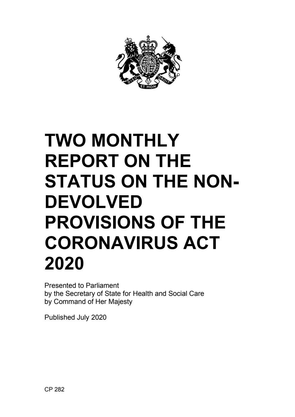 Two-monthly report on the status on the non-devolved provisions of the Coronavirus Act 2020. July 2020
