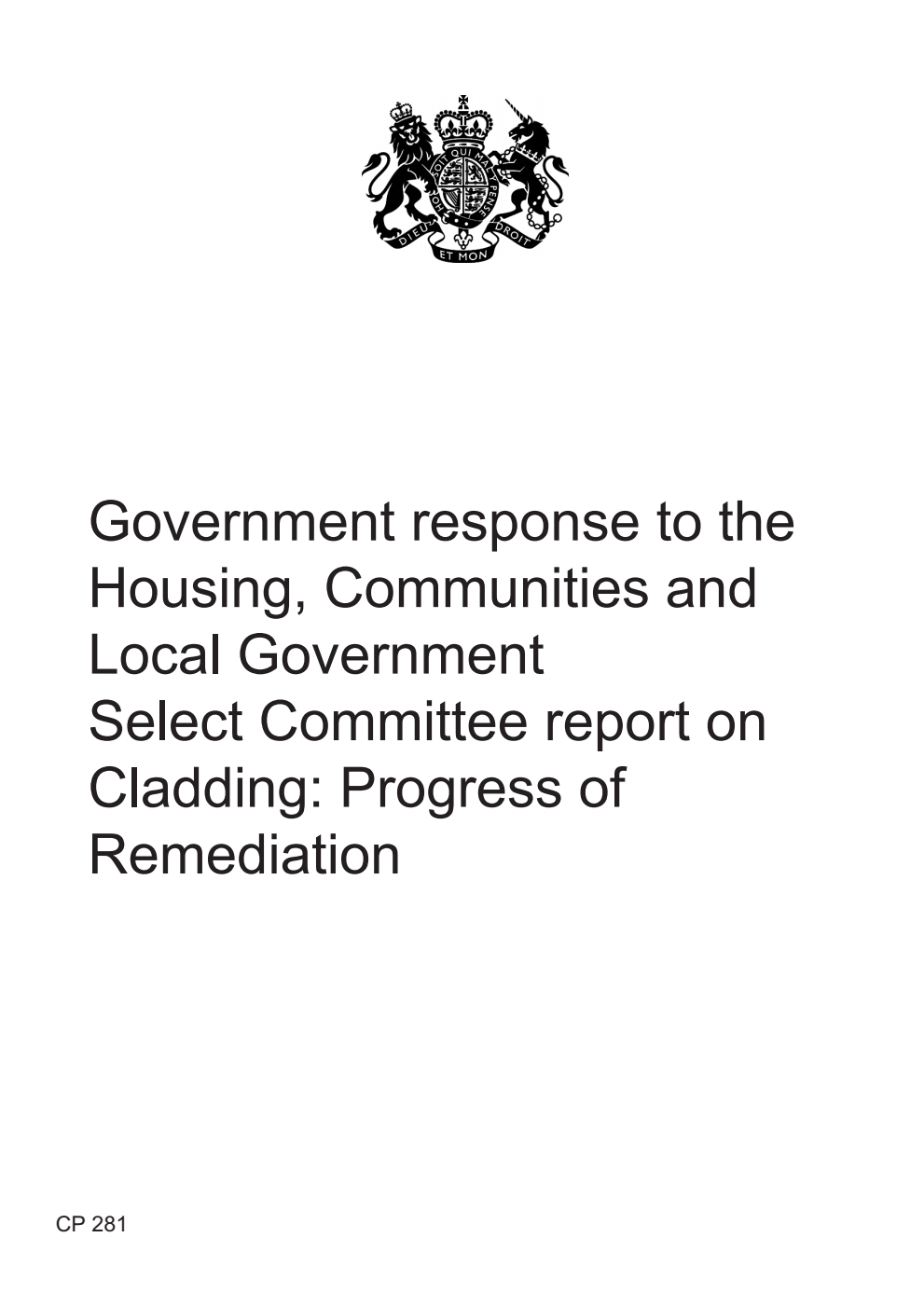 Government response to the Housing, Communities and Local Government Select Committee report on Cladding: Progress of Remediation