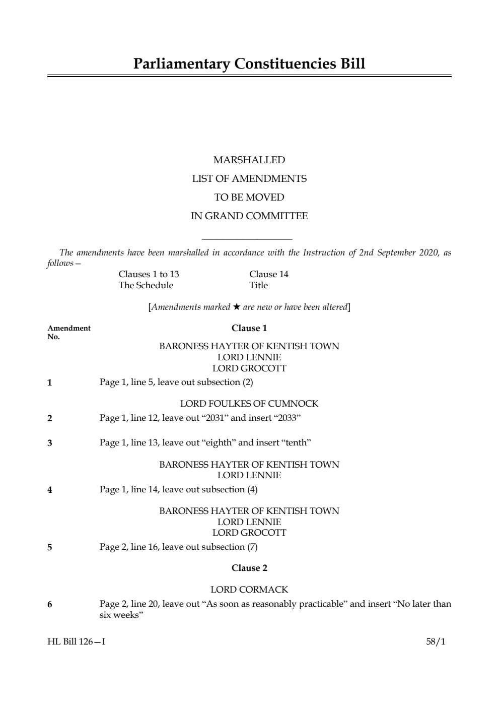 Parliamentary Constituencies Bill Marshalled List of Amendments to be moved in Grand Committee