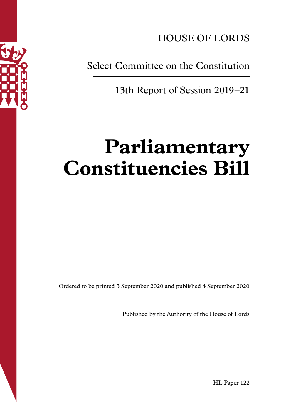 Constitution Committee 13th Report. Parliamentary Constituencies Bill