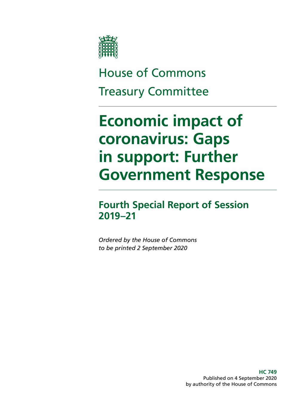 Treasury Committee 4th Special Report. Economic impact of coronavirus: Gaps in support: Further Government Response