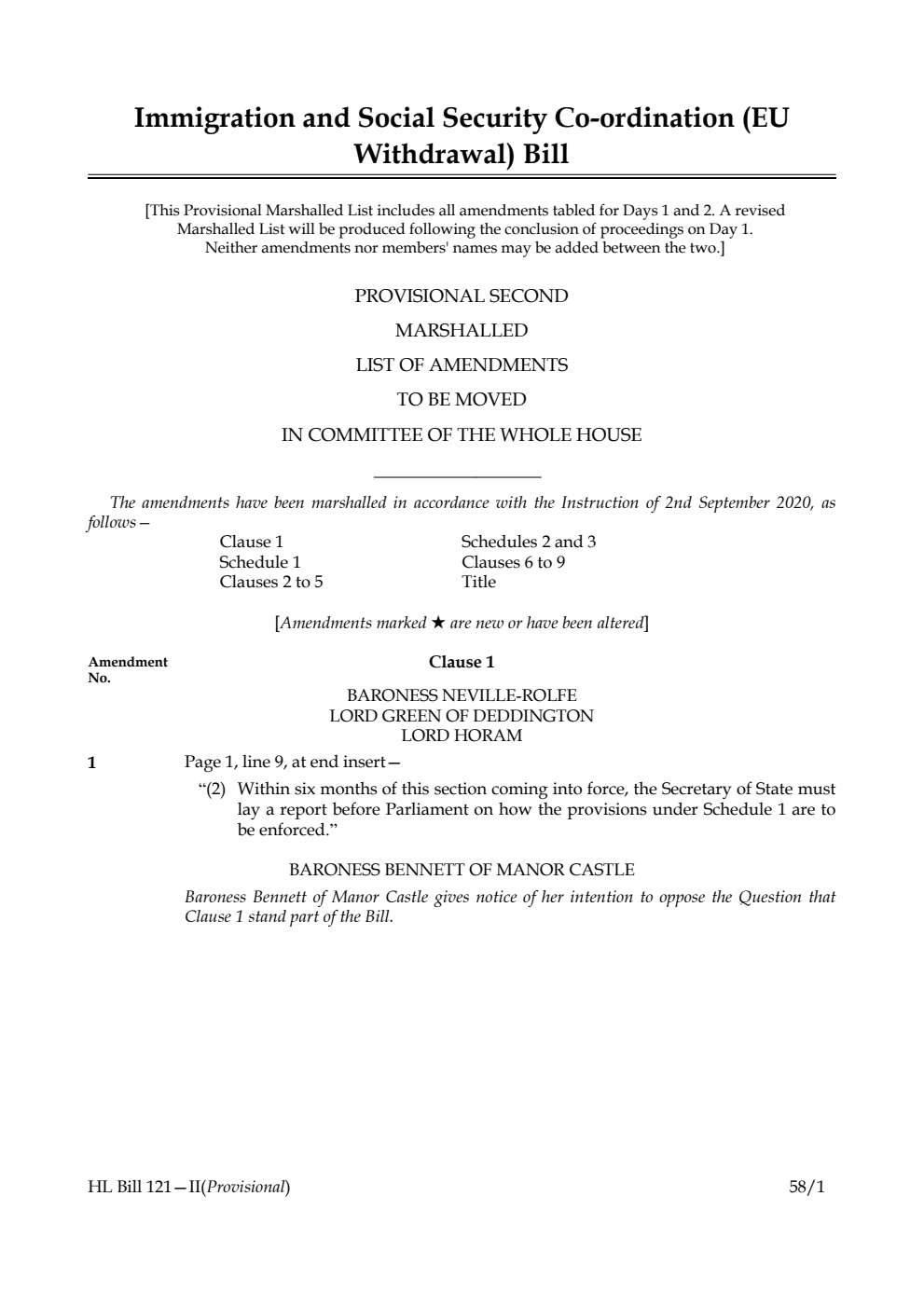 Immigration and Social Security Co-ordination (EU Withdrawal) Bill Provisional Second Marshalled List of amendments to be moved in Committee of the Whole House