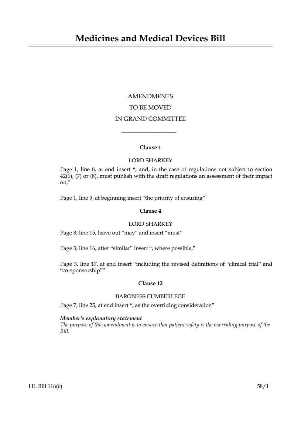 Medicines and Medical Devices Bill Amendments to be moved in Grand Committee
