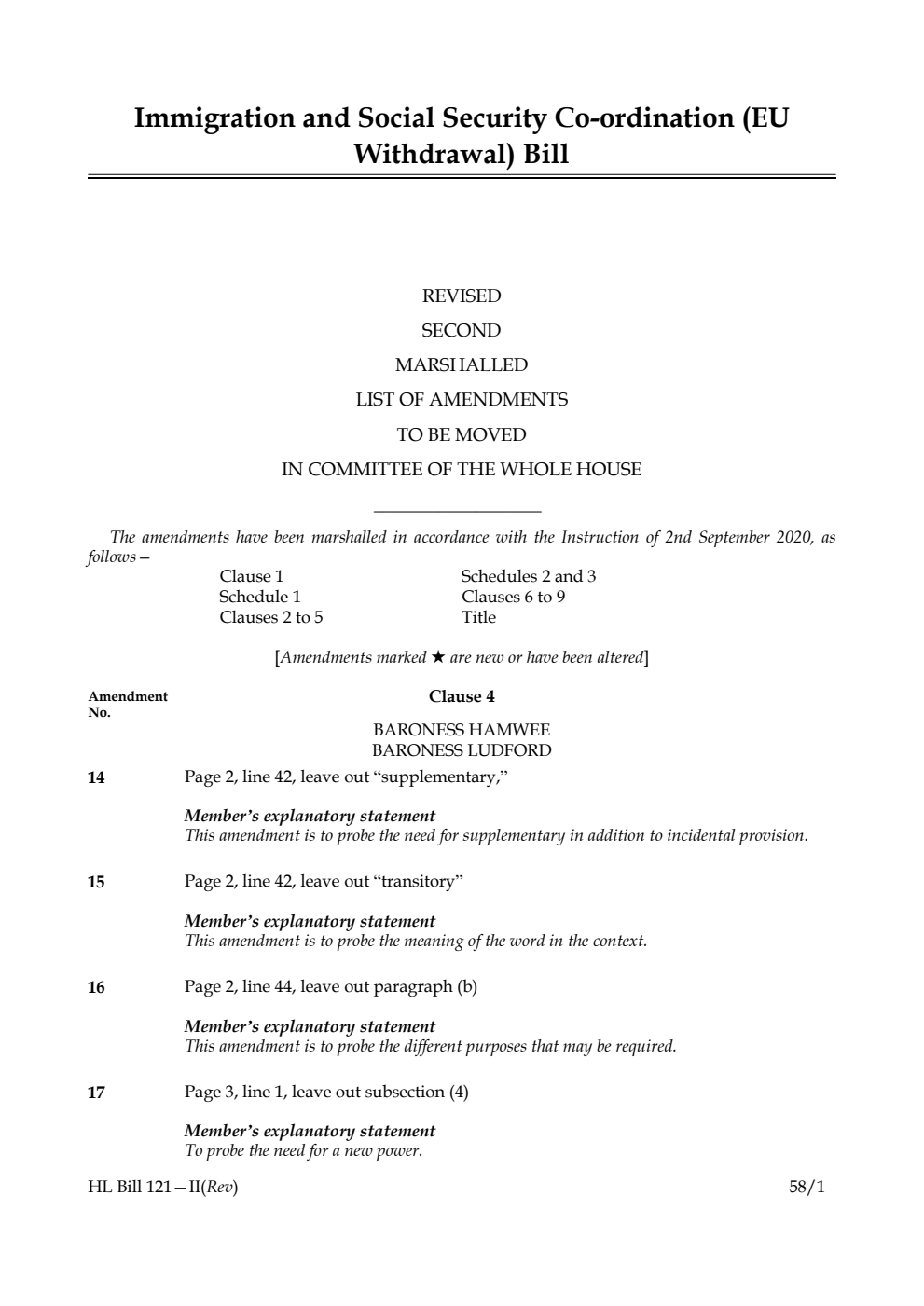 Immigration and Social Security Co-ordination (EU Withdrawal) Bill Revised Second Marshalled List of amendments to be moved in Committee of the Whole House